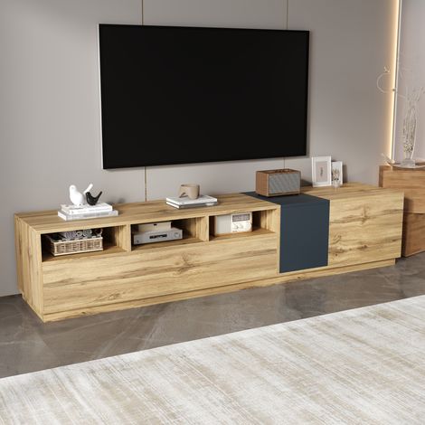 Meuble TV 200x45x45cm - doté de compartiments ouverts et de passe-câbles - design simple - Naturel (1/5)