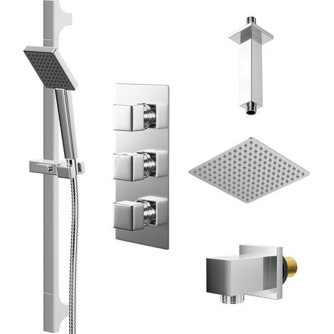 Wholesale Domestic Cubix Polished Chrome Triple Thermostatic Shower Valve and 300mm Thin Square Fixed Head with Ceiling Arm and Severn Shower Slide Rail Kit with Square Elbow - 2 Outlet (1/5)