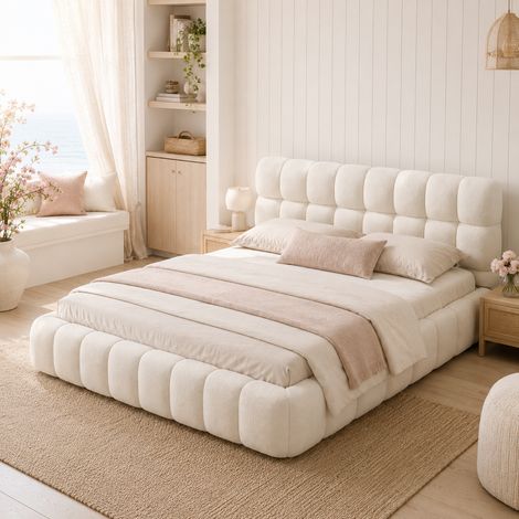 Lit double rembourré 160x200 cm avec sommier lattes, lit adult avec dossier moelleux, Lit Bubble, lin beige (1/5)