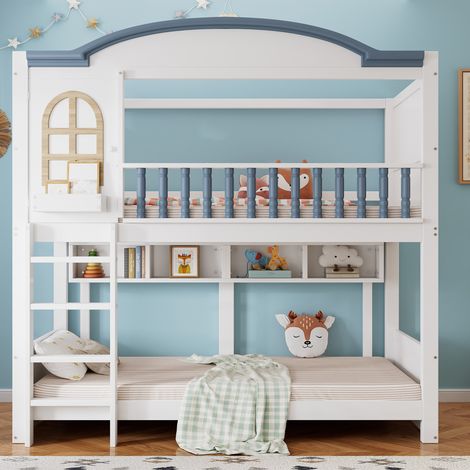 Letto a castello per bambini 90x200 cm, letto singolo con protezione anticaduta e recinzione in legno massello, con tetto e finestra, ripiani aperti, scaletta, pino, bianco e blu (1/5)