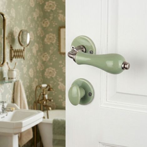 Ouvre&Déco – 2 poignées de porte LIZON verrou condamnation porte salle bain WC, Rosace ronde, Design Classique Chic, Porcelaine verte, Coude aspect or (1/5)