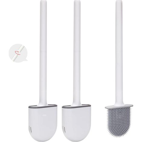 Brosse Toilette Silicone, 2 Pièces Brosse Toilette et Supports Brosse WC Silicone Plate et Flexible avec Base Séchage Rapide Balai WC Montage Mural Flexible pour Salle de Bain et WC, Blanc (1/5)