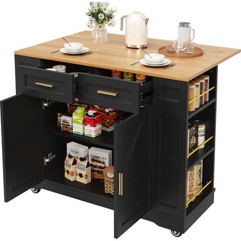 Moderne Kücheninsel, Küchenschrank, buffetschrank, Speisewagen mit Holzmaserung, buffetschrank, Multifunktionale Esstisch mit Speicherraum, Speisewagen mit Stretchfunktionsschränken, Schwarz