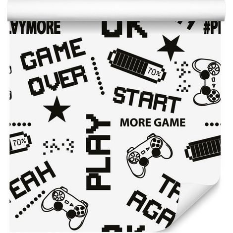 Papel pintado juvenil en blanco y negro con letras pixeladas en 3D para salón y dormitorio, 50x1000 (1/5)