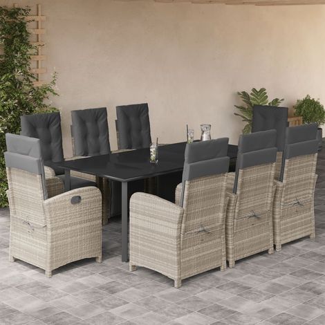 Ensemble repas de jardin 8 fauteuils inclinables, table et coussins, gris clair, résine tressée - PANGIVO (1/5)