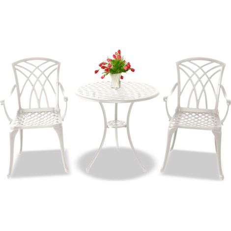 Centurion Supports OSHOWA Luxurious Garden & Patio Table & 2 Large Chairs with Armrests Cast Aluminium Bistro Set - White (1/5)