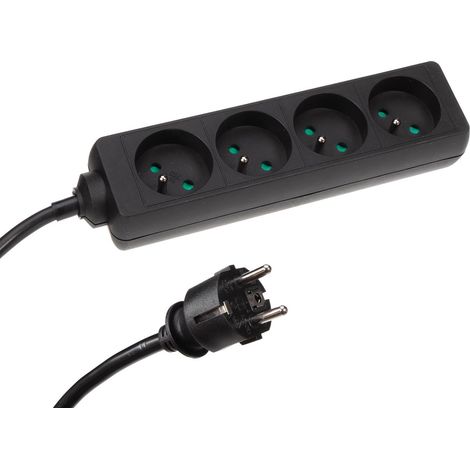 HQ-Power Steckdosenleiste, 4 Schutzkontakt-Steckdosen Typ E, 1,5 m Kabel H05VV-F 3G1.5, mit Schrumpfschlauch (8 cm, nicht geschrumpft) zum Beschriften, Schwarz, IP20, 16 A, 3680 W, Innenbereich