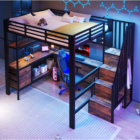 Bett Hochbett Aufbewahrung 140x200 Metall schwarz OKMYHOME