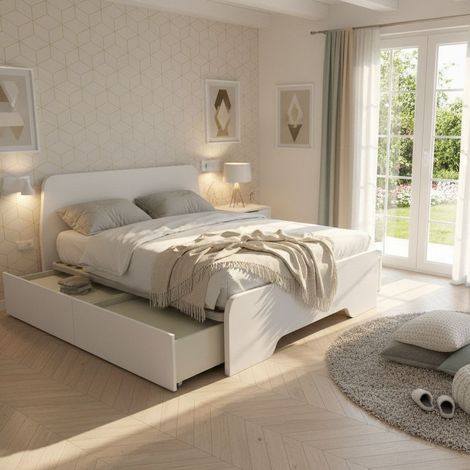 Letto matrimoniale 160x200 con testate sagomate e cassettoni - Bianco (1/5)