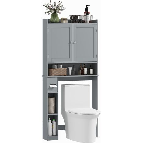 Étagère Dessus WC Compatible Machine à Laver 2 Portes 3 Compartiments Porte-Papier Gris 80 x 19.5 x 170 cm