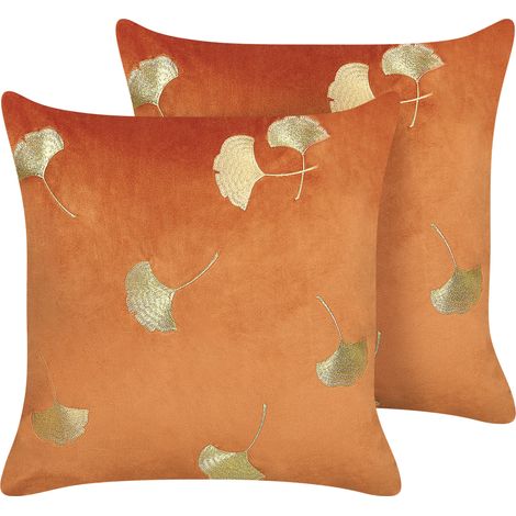 Conjunto de 2 cojines de terciopelo naranja dorado 45 x 45 cm hoja glamour Tulip