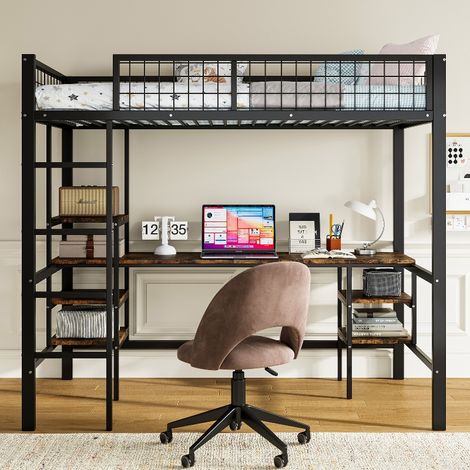 Hochbett mit Schreibtisch und Regal, Etagenbett 90x200 cm aus Metall, platzsparendes Jugendbett mit Leiter, Schwarz und dunkles Holz (1/5)