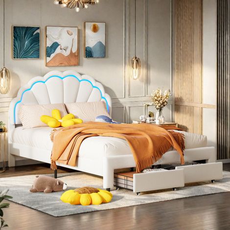 Lit double 140 x 200 cm avec sommier à lattes–Lit adulte avec 2 tiroirs–Bande lumineuse LED réglable–Tête de lit réglable en hauteur –Tissu velours–Blanc (1/5)