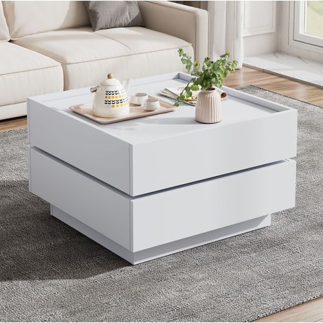 Tavolino da caffè 60 x 60 x 38 cm, girevole 360°, 2 cassetti, bianco HAVRYA (1/5)