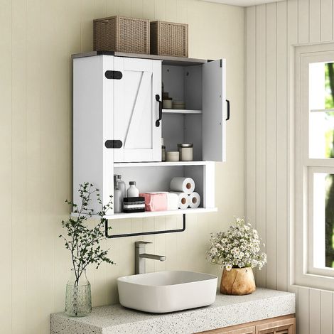 Armoire Murale de Salle de Bain avec Barre à Serviettes Armoire à Pharmacie avec Étagère Ajustable Organisateur de Rangement Blanc (1/3)