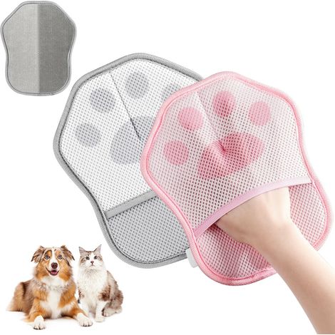 Lot de 2 Gants de Toilettage Double Face pour Animaux de Compagnie, Réutilisable Gant Anti Poils Animaux, pour Enlever ,Gris + Rose