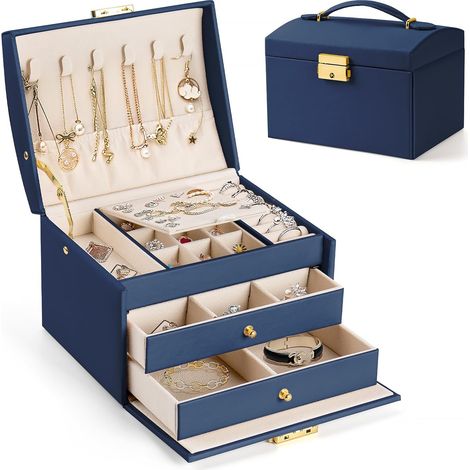 Boite a Bijoux Femme Fille, Boîte à Bijoux Coffret à Bijoux Rangement Bijoux Organisateur pour Bagues Bracelets Boucles d'oreilles Montres Lunettes Cadeaux de Noël Bleu Marine 17x14x13cm BOX03