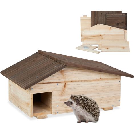 Relaxdays Hedgehog House, Wooden Protective Box, 2 Rooms, Hibernation Den, Winter Shelter, 24 x 46 x 33.5 cm, Natural