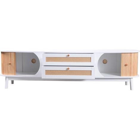 TV-Möbel mit Türen und Schubladen, weiß, Holzoptik und Rattan, 170 x 39,5 x 46 cm MODENUIT (1/5)