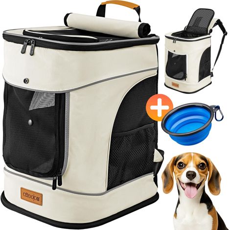 CADOCA® Mochila Transportín Perros Gatos 20 Kg Bolso Transporte Mascotas Plegable Correa Comedero Animales Tiras Reflectantes Viajes Excursiones Beige (1/9)