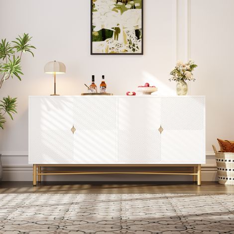 Armoire de Rangement 160cm - Portes Texturées avec Accents Dorés & Fermeture Douce - Pour Salon, Chambre, Bureau - Blanc (1/4)