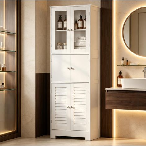 Mueble alto de baño blanco, 6 puertas, estantes regulables, MDF y vidrio DESVIAE (1/5)