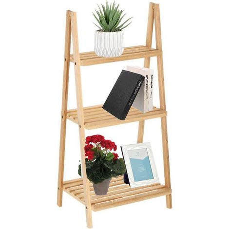 Scaffale Portaoggetti a Scala con 3 Ripiani realizzato in legno di Abete naturale - Mis. 42x34x91 cm - Scaffalatura salvaspazio per Libri, oggetti e p (1/4)