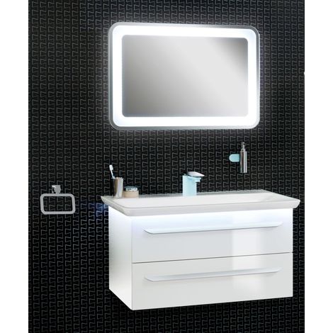Lanzet M9 Badmöbel Set 4-teilig, 100cm breit, Weiß, mit LED u. Spiegelelement"-"90131145 (1/5)