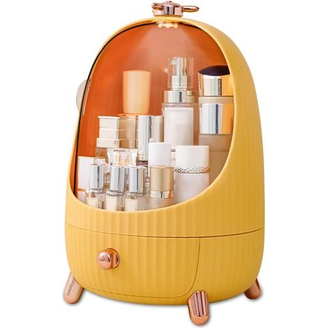 Boîte jaune anti-poussière avec tiroirs, lumière LED intégrée et rangement bijoux – conteneur cosmétique moderne (1/5)