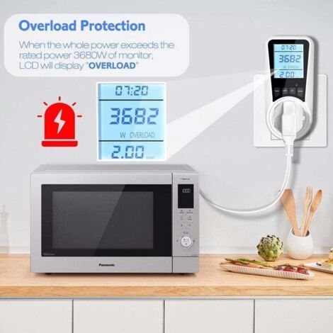 NALOOKAMIC Prise Compteur d'Énergie électrique avec 7 Mode, Max 3680W,Compteur d'énergie Wattmètre Prise,Compteur d'énergie avec l'écran d'affichage à cristaux liquides pour Économie d'Energie -Blanc, (1/3)
