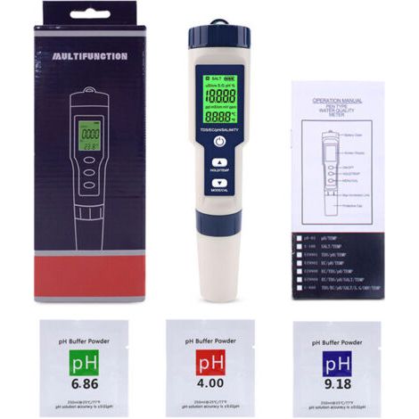 PH Mètre Électronique 5 en 1 avec TDS EC Salinité Température, pH Testeur Multi-paramètres étanche IP67 de Haute précision, Testeur pH Salinité Piscine Eau avec temp compensation automatique (1/5)