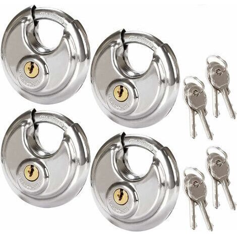 Lot de 4 Cadenas Circulaires de Sécurité, 70MM Cadenas Rond en Acier Inoxydable, Cadenas à Disque Résistant à la Rouille pour les Remises, les Garages, les Remorques
