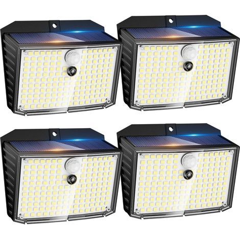 Lampe solaire avec détecteur de mouvement, 4 lampes solaires 158 LED blanc froid 3 modes avec détecteurs de mouvement, lumière murale solaire étanche IP65 pour jardin, garage, marches, terrasse (1/5)