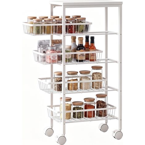 HOMCOM carrito auxiliar con ruedas, carrito de cocina con 4 cestas extraíbles, carga 15 kg, marco metálico, para comedor, baño, 40x24x82 cm, blanco (1/5)