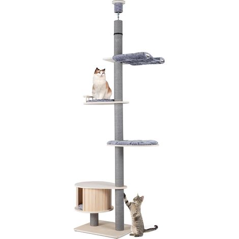 COSTWAY Arbre a Chat Plafond, H236-271 cm Réglable, Arbre à Chat Bois XXL, 2 Plateformes, Condo, Hamac, Poteaux à Griffer, Tour pour Chaton à 5 Niveaux, Coussins Amovibles Lavables(Gris+Naturel) (1/5)