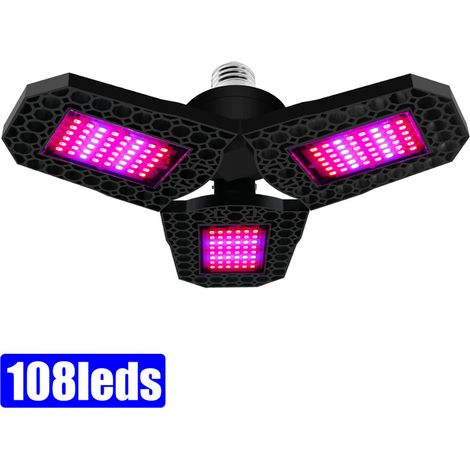 Ortviai Lampe de Croissance LED Plante Pliable à Spectre Rouge et Bleu – 108 LEDs, 3 Feuilles
