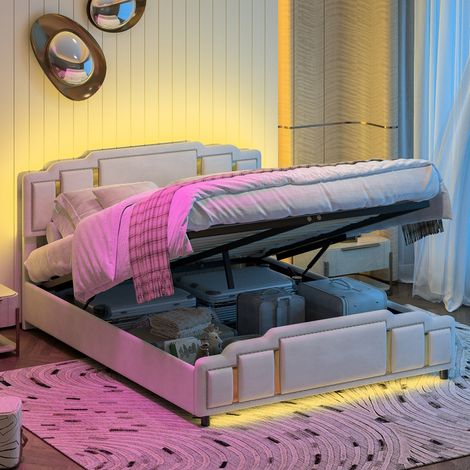 Cama doble moderna de terciopelo beige 140x200 cm con cabecero acolchado, arcón hidráulico y LED
