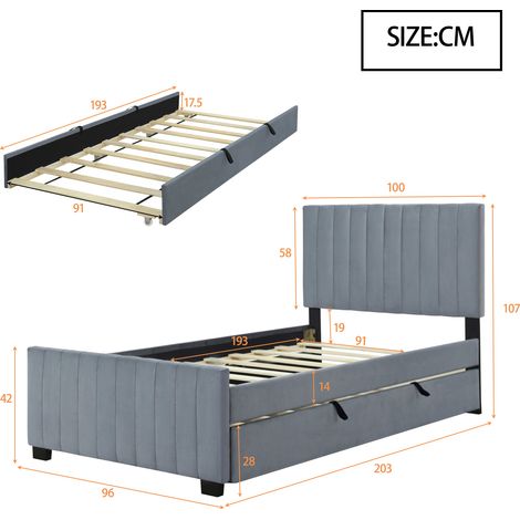 Lit coffre 90x190 cm avec tiroir, petit lit simple en velours doux pour peau sensible, lit enfant ado invité (Gris) (1/5)