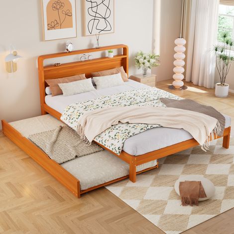 Lit avec lit gigogne 205x145x92 cm coloris naturel en pin avec tête de lit arrondie (1/5)