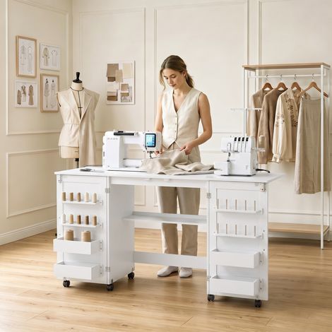 Table de couture pliante à 2 portes magnétiques, table de bricolage roulante avec 4 boîtes, 20 épingles de maintien, compartiment de rangement, blanche (1/5)