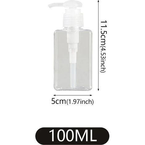 Flacon carré portable (transparent 100 ml) pour savon liquide mains, shampoing et corps. Flacon pompe à mousse rechargeable. Accessoires de salle de bain. (1/5)