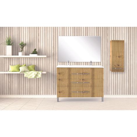 Ondee – Demi-colonne de rangement à suspendre L35cm – Chêne rustique – Panneaux de particules 16mm – 1 porte à fermeture progressive – 2 étagères en verre (1/3)