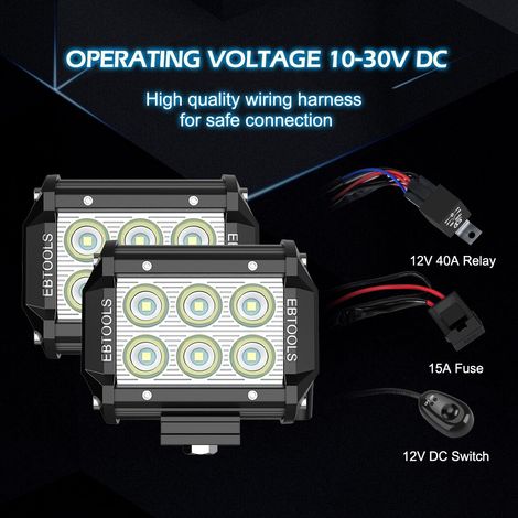 EBTOOLS Kit de phares de travail/barres LED étanches à double rangée haute luminosité 4" 18W pour voiture, éclairage tout-terrain, faisceau de câblage inclus, noir, exclusivité Amazon Premium (1/5)