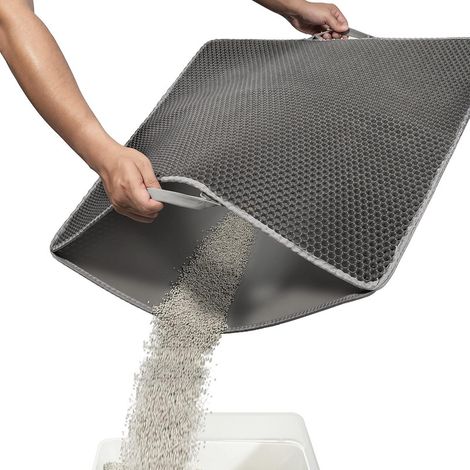 Estera de arena para gatos con asas, doble capa, nido de abeja, impermeable, orina, fácil de limpiar, control de dispersión (55 × 75, gris) (1/4)