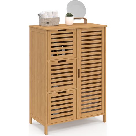 Idmarket – Meuble de rangement salle de bain en bambou – 3 tiroirs et placard – Résistant à l'humidité – Dimensions 60x33x85 cm (1/5)