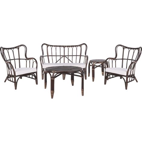 Conjunto de jardín de ratán marrón oscuro beige 2 mesas 2 sillones sofá con cojines boho Brindisi