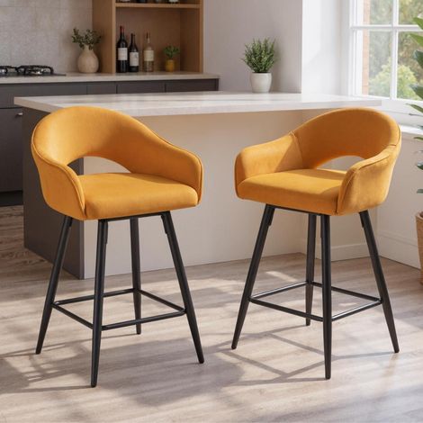 Barhocker 2er Set Samt 360° drehbar mit Lehne und Metallbeinen, Gelb (1/5)