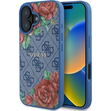 Coque MagSafe Guess pour iPhone 16, motif fleurs bleues (1/5)