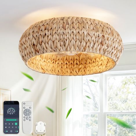 19 pouces Ventilateur-Plafonnier Encastré avec Pales en ABS, Design Rotin, Double Commande via Application et Télécommande, 6 Vitesses, Idéal pour Petites Chambres au Style Rustique Minimaliste (1/5)