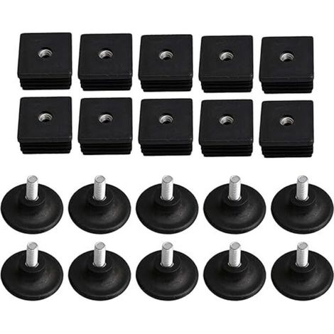 40 mm x 40 mm M8 Gewinde Schwarze Kunststoff-Möbelfußkappen Blindstopfen Einsteckkappen mit verstellbaren Gewindefüßen für Vierkantrohre, 10er-Packung